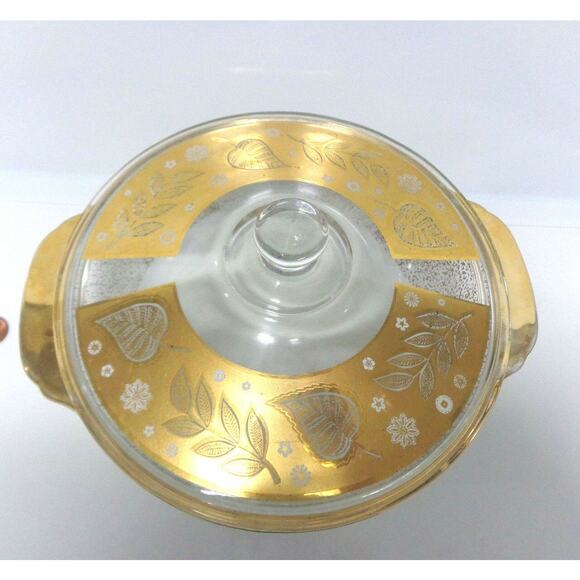 Vtg Mid-Century 22k Gold Leaf COVERED 2QT CASSEROLE DISH & STAND Fire King GVC! - Picture 3 of 10